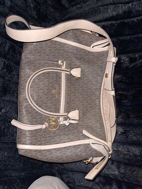 Michael Kors Brown Monogram Satchel with Light Pink Trim